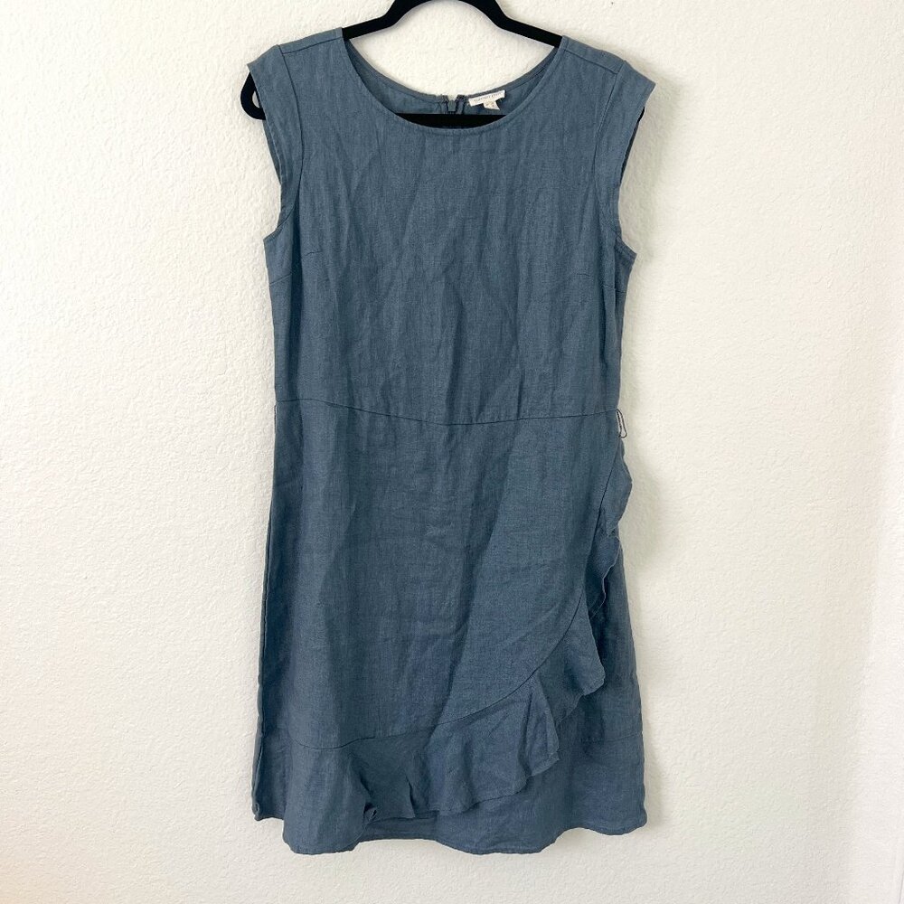 Garnet Hill Sz 6 100% Linen‎ Ruffle Gray Faux Wrap Dress Minimalist Beachy Boho